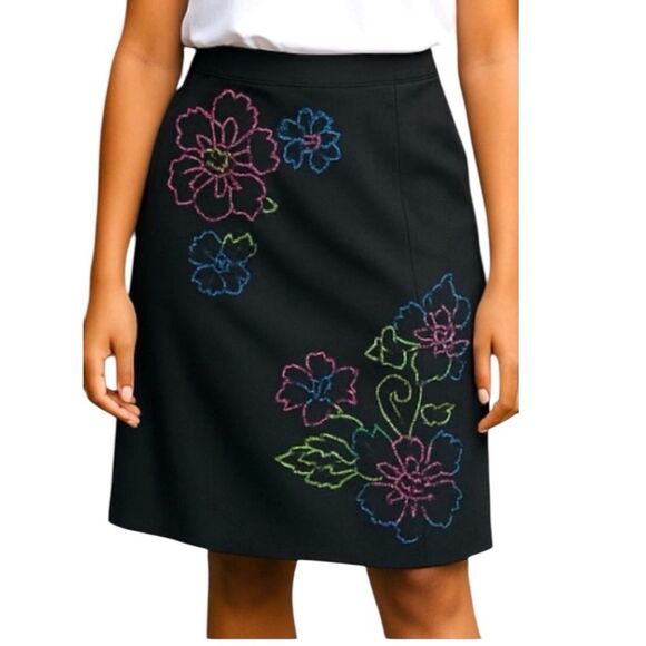 Vintage Bentley Arbuckle Womens Black Embroidered Floral A-Line Skirt Size 6 - Picture 1 of 8